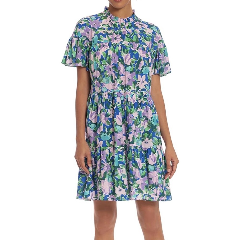 Donna Morgan Women's Loose Purple Floral Tier High Neck Dress - 6